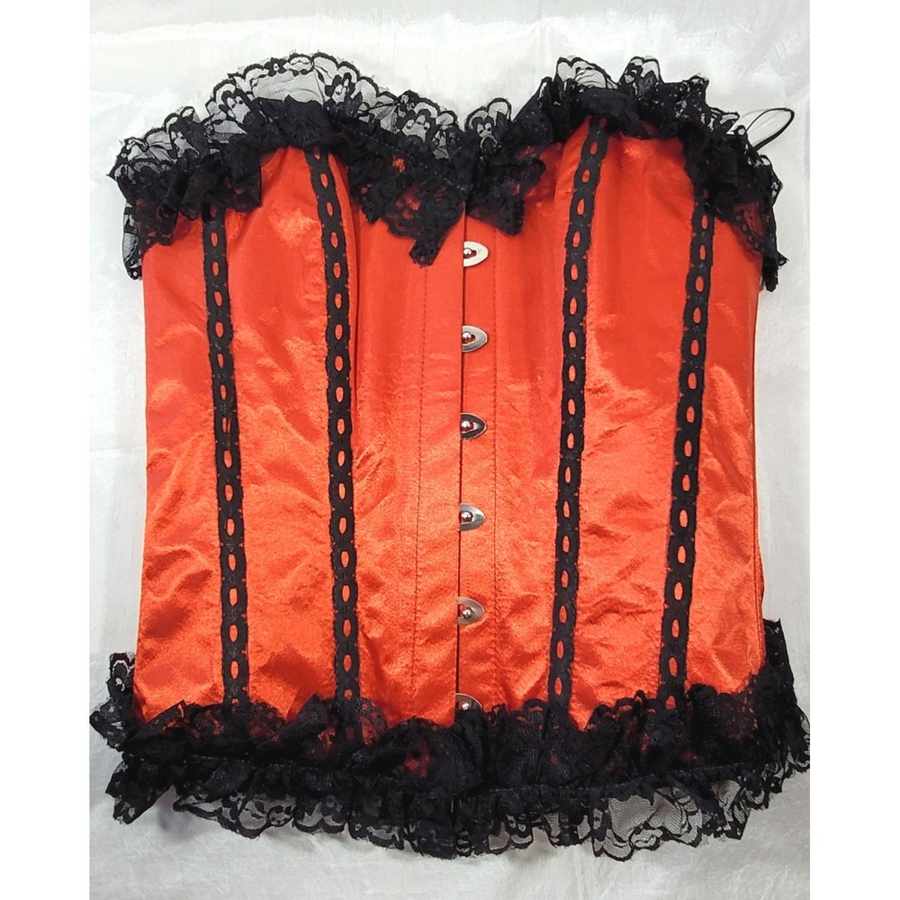 Corset Street Red Satin Lace Frill Burlesque Bustier‎ Overbust Waist Trainer S/M